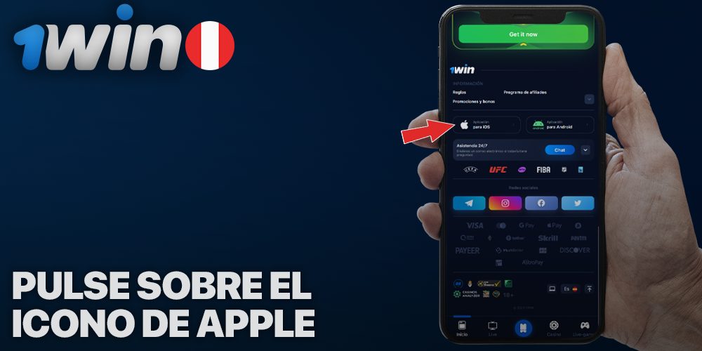 Busque el icono de iOS en la parte inferior del sitio web de 1Win
