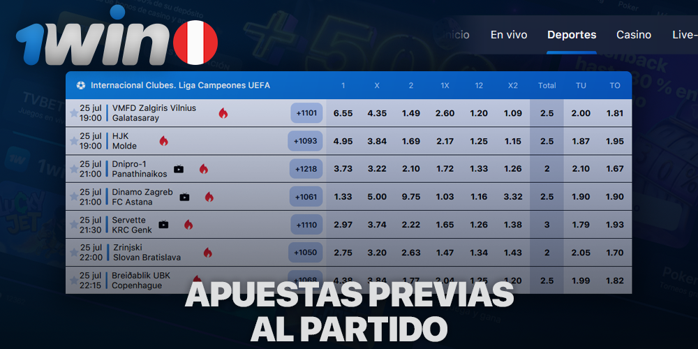 Apuestas previas al partido en 1Win