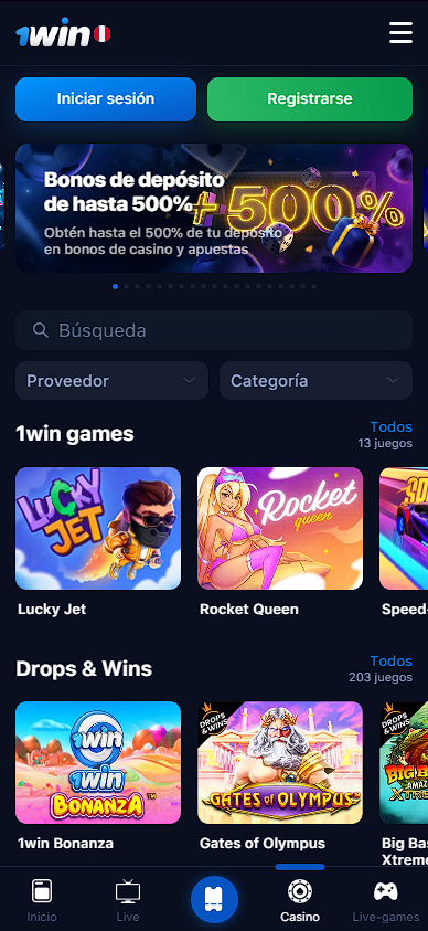 Captura de pantalla del casino móvil 1Win