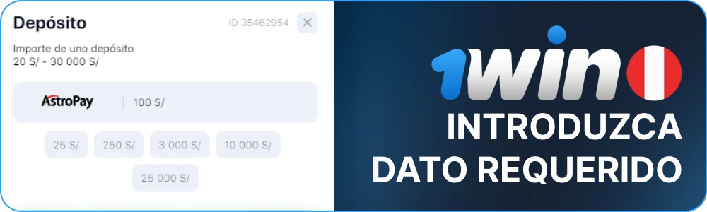Introduzca los datos necesarios para el depósito 1win